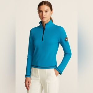 Lauren Ralph Lauren Active Blue Waffle Knit Half Zip Pullover Top LRL Logo Sz PL